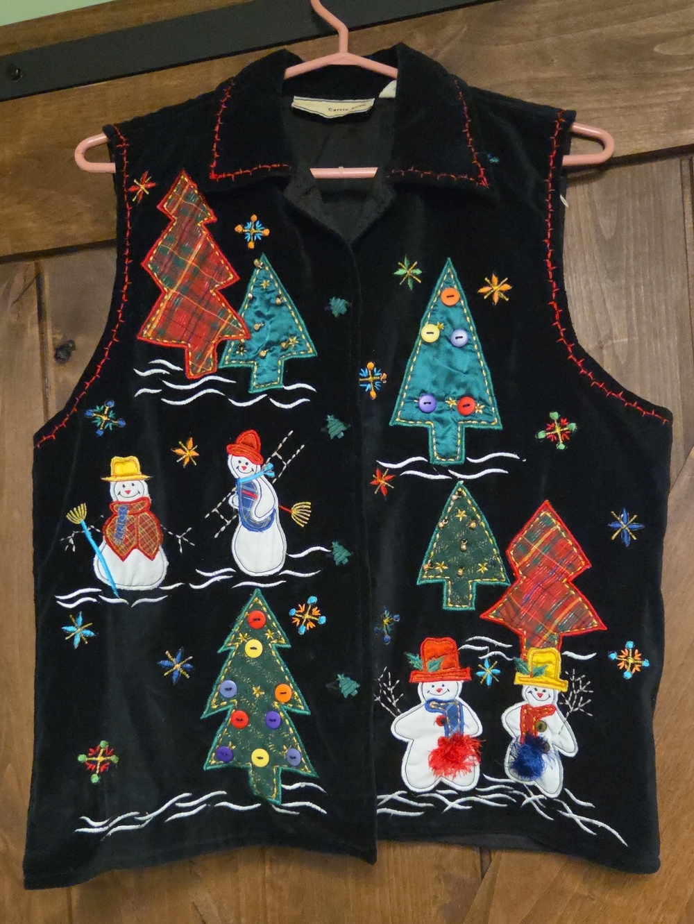 Holiday Embroidered Black Womens  Vest with Snowman & Tree Motifs